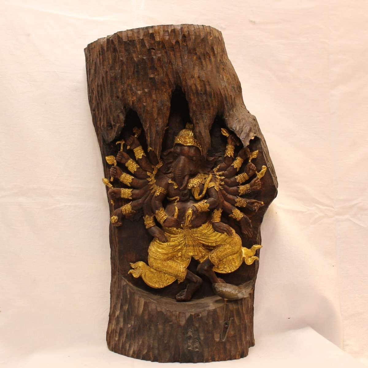 Wooden Carved Ten Hands Lord Ganesha Idol